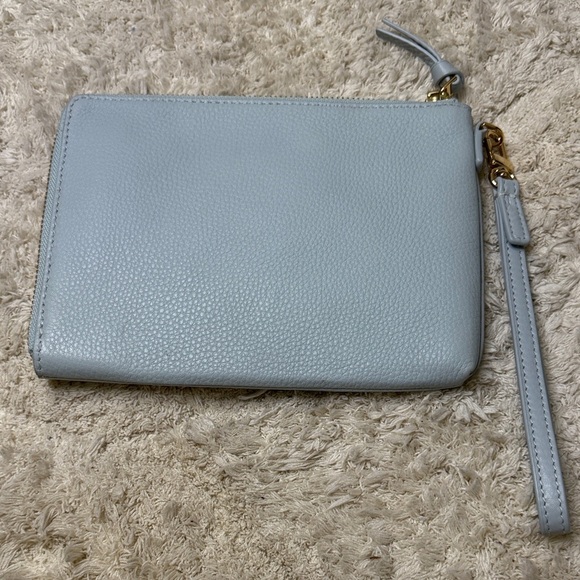 Tory Burch Sky Blue Britten Large Zip Pouch Wristlet with Gold Logo - Picture 2 of 8